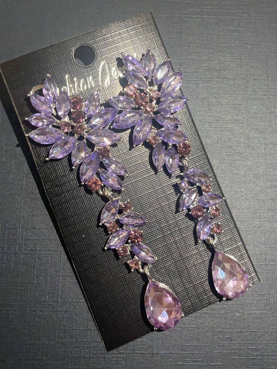1 Pair Luxury Diamante Leaf & Water Drop Earrings, Suitable For Women Wedding, Prom, Party Accessories - Mauve Purple - View 1