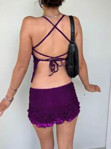 Women Lace Outfit Tie-Up Back Sleeveless Crop Tops Low Rise Mini Skirt 2 Piece Set For Party Club