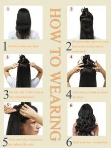 Set de 7 extensiones de cabello humano 100% brasileño Remy con clips, 70g, negro azabache, cabello liso, 16 clips, costura de doble capa - S1 - Ver 8