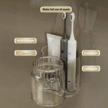 1 Set No-Drill Toothbrush Holder With Tumbler, Bathroom Storage Organizer Rack, Wall Mounted Toothpaste Shelf - Multicolor - View 8