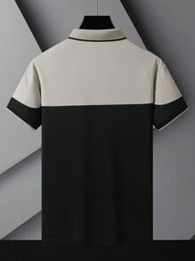 夏季男士修身Polo衫，撞色拼接翻领纽扣上衣，饰有刺绣，适合日常及户外穿着。 - 黑色 - 查看 2