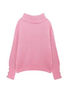 Women's Loose High Neck Sweater, Casual & Formal Ribbed Knit Long Sleeve Pullover, Button Design, Dry Rose Pattern - Baby Pink - View 4