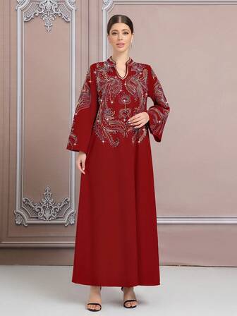 复古风格红色刺绣与珍珠装饰优雅长袍，特殊节日，迪拜彩色绳，刺绣大码长袍，土耳其串珠长裙，卡夫坦超大女士服装现货 Abaya BC4625（定制）