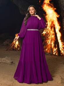 Faeriesty 加大码优雅长袖水钻腰带雪纺正式派对晚礼服、婚礼宾客礼服