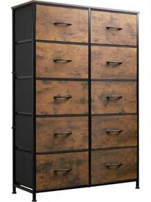 Tall Dresser For Bedroom, Fabric Dresser Storage Tower, Dresser & Chest Of Drawers Organizer Unit With 10Drawers, Storage Cabinet, Hallway, Closets, Steel Frame, Wood Top - 棕色 - 查看 1