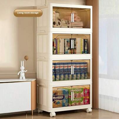 4/5-Tier Collapsible Storage Cabinet - Freestanding Storage Cabinets With Magnetic Doors & Wheels, Easy Assembly Kitchen Stackable Storage Box For Living Room Office Stud