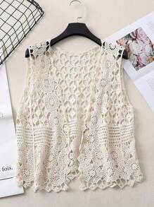 女士时尚象牙色仿手工钩镂空针织背心 - 米色 - 查看 1