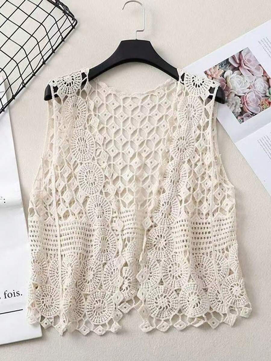 女士时尚象牙色仿手工钩镂空针织背心 - 米色 - 查看 1