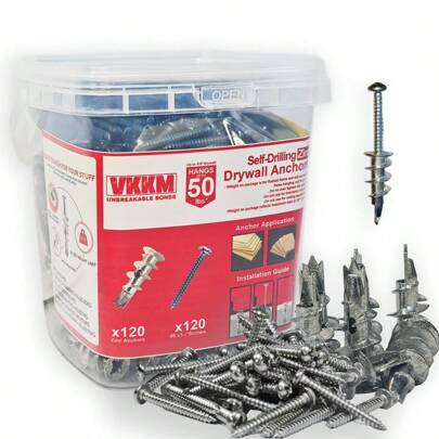 VKKM Self-Drilling Zinc Drywall Anchors With Screws 30-240Piece Set, Holds Up To 50 Lbs, Ideal For Strong Mounting In Drywall