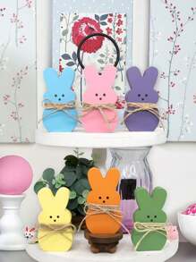 6pcs Easter Bunny Wooden Sign, Freestanding Rabbit Shape Tabletop Decoration For Spring Birthday, Home Office, Gift - Multicolor - View 4