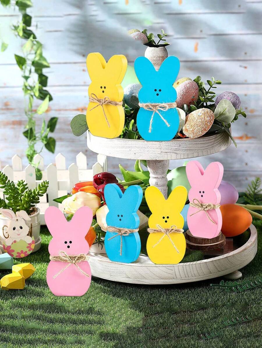 6pcs Easter Bunny Wooden Sign, Freestanding Rabbit Shape Tabletop Decoration For Spring Birthday, Home Office, Gift - Multicolor - View 1