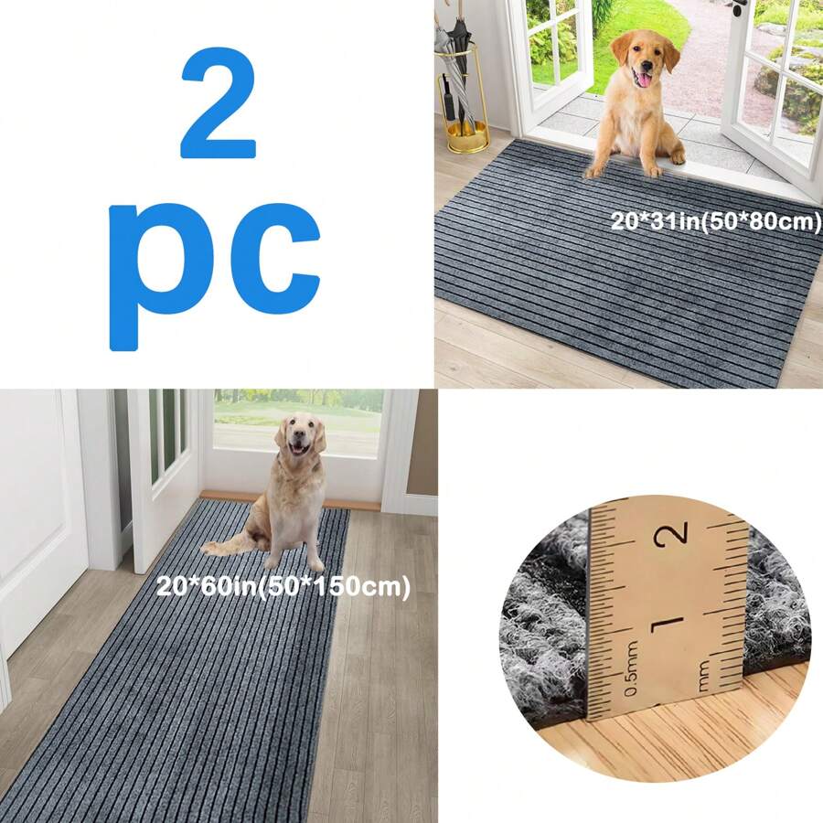 2pc Anti-Slip Floor Mats, Front Door Mat Welcome Mat - Entry Indoor Outdoor Entrance Door Mat, Patio, Porch, Muddy Shoes, Indoor Outdoor Low Profile, Striped Oil Repellent Absorbent Floor Mat, Kitchen Home Entry Waterproof Carpet, Outdoor Door Anti-Slip Dust Mat, Trimmable - 2pc Dark Grey B - View 1