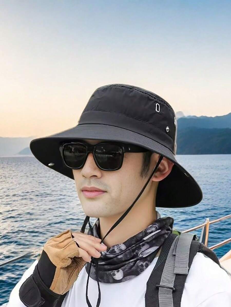 1 件防护渔夫帽 - 轻便、透气、宽边帽，适合旅行户外活动 - 黑色 - 查看 1