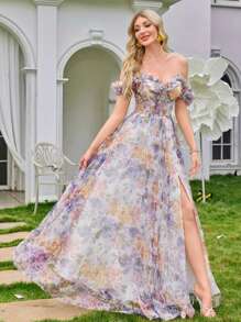 Đầm dạ hội dài dáng Bardot xẻ tà bằng vải lưới họa tiết hoa Kexmon thanh lịch và lãng mạn, được làm thủ công, thích hợp cho tiệc tối, đám cưới, dạ hội mùa xuân. - Màu tím - Xem 7