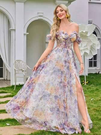 Kexmon elegantes & romantisches handgemachtes Blumendekor Bardot langes Mesh Blumen Schlitz Abendkleid, robust Damen Abendkleid für Bankette, Hochzeitsgast Kleid, Ballkleid
