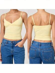 Women's Summer Cropped Cami Tops Sleeveless Open Back V Neck Solid Color /Printing Tank Tops For Daily - Yellow - View 5