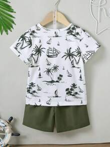 2pcs/Set Boys Summer Beach Element Printed Round Neck Short Sleeve T-Shirt + Solid Color Shorts - White - View 2