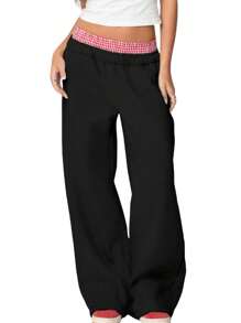 Women Y2k Wide Leg Baggy Sweatpants Elastic Waist Low Rise Joggers Plaid Patchwork Workout Running Going Out Pants With Pockets Casual Athletic Trousers For Sports Hip-Hop Track Pants Vintage Streetwear - 黑色 - 查看 1