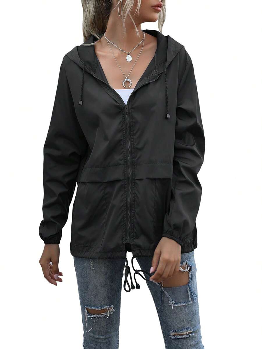 Women Autumn Water Resistant Hooded Jacket Solid Color Zipper Open Front Drawstring Coat Spring Fall Outerwears Streetwear - Black - View 1