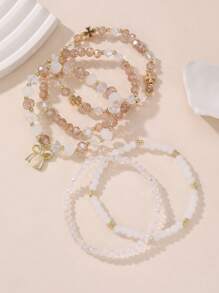 5 Pieces Girls Crystal Beaded Bracelet Set With Bow And Heart Designs - Multicolor - View 6