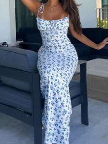 Women's Spaghetti Strap Dresses Drawstring Design Floral Print Slim Fit Long Bodycon Dresses Perfect For Summer Spring - Blue - View 5