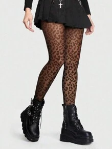 Women's Leopard Print Mesh Sheer Patterned Skinny Fit Gothic Pantyhose Tights