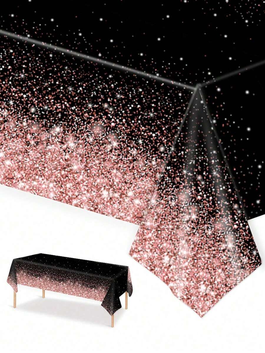 3 件，137 * 274 厘米/54 * 108 英寸一次性派对桌布，黑色和玫瑰金主题图案桌布，适合各种主题派对和日常使用（可悬挂作为背景以增强节日气氛） - 黑粉紅色 - 查看 1