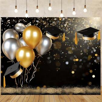 1pc Graduation Backdrop White & Gold Balloon Decoration, Congrats Graduation Party Supplies, School Graduation Ceremony Celebration Background Banner, Indoor/Outdoor Decor