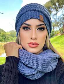 Unisex Knit Infinity Beanie And Scarf Set Soft Wool  Winter Fashion - Azul menta - Ver 2