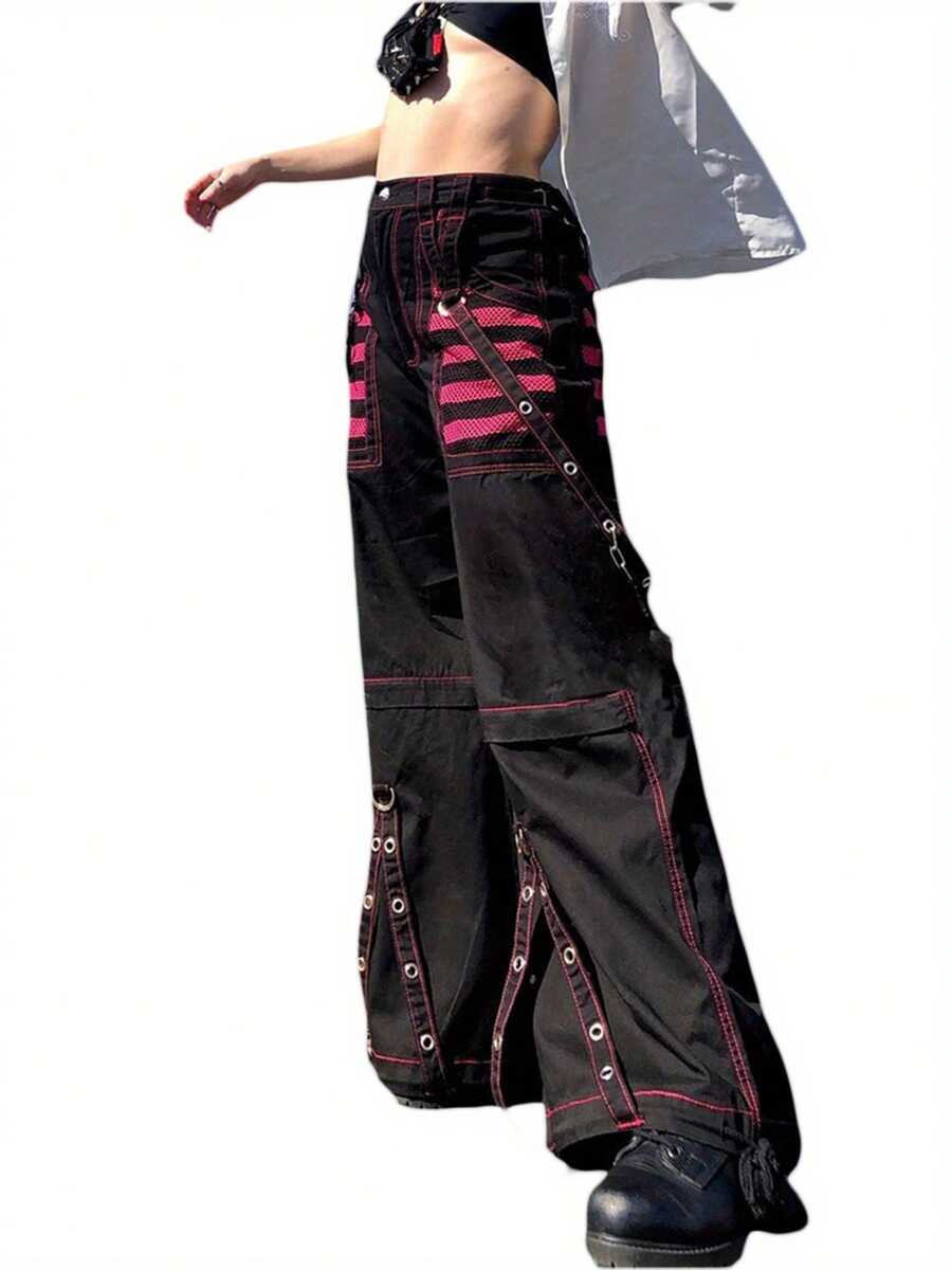 Fashionable Women Long Pants, Loose Hip-Hop Strap Buttoned High Waist Stripe Long Pants For Summer - Black - View 1