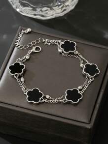 1 件简约时尚四叶草吊坠男士手链，日常佩戴生日礼物（第一层珠子数量随机，不含礼盒） - 黑色 - 查看 2