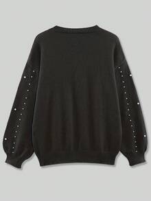 Damen Große Größen eleganter Rundhals Strickpullover mit Perlenverzierung für Herbst/Winter - Schwarz - Übersicht 5