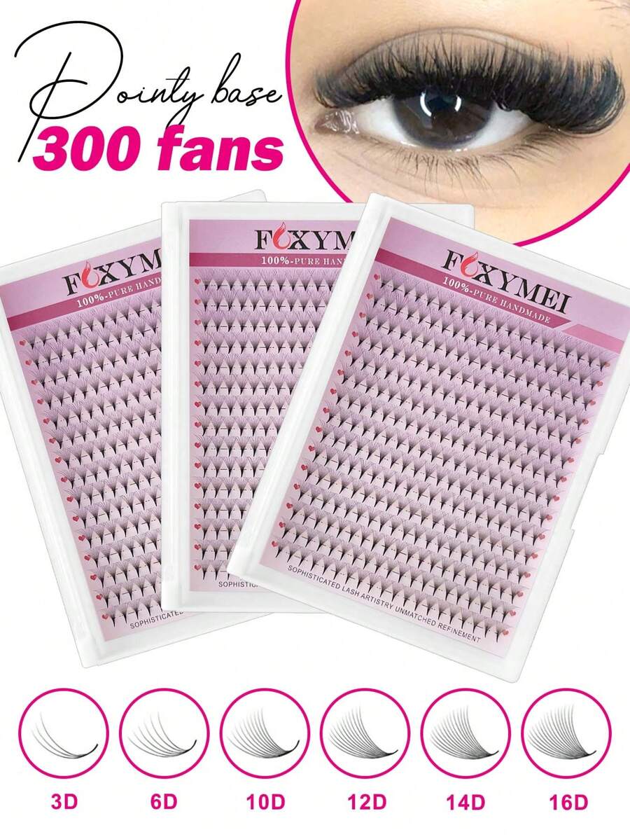 FOXYMEI 300 abanicos de volumen con base puntiaguda, rizo D, 3D, 6D, 10D, 12D, 14D, 16D, abanico de seda profesional premezclado de volumen, pestañas de ojo de gato de 8-15 mm, pestañas postizas difuminadas, extensión de pestañas con floración automática, racimos de pestañas, pestañas individuales, pestañas postizas