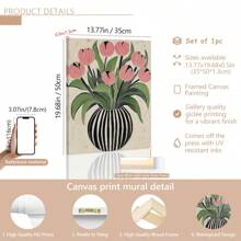 1pc Art Deco Bloemen Olieverfschilderij Op Canvas Gestreepte Vaas Ontwerp Van Tulpen, Houten Omlijste Muurkunst Decoratie Voor Thuis Kantoor Woonkamer Slaapkamer Herfst En Winter Thema, Interieur Portret Kunstdruk -Botanisch-Modern,Poster