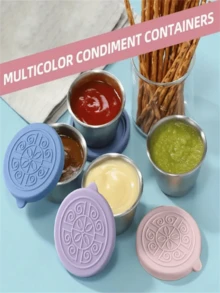 1/6pcs Stainless Steel Seasoning Containers With Silicone Lids, Leak-Proof Anti-Rust Diamond Pattern Mini Dipping Sauce Cups For Lunch Box, Picnic, Travel, Holiday Theme - Brushed Metal Finish