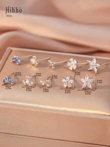 Hihho 10pcs/Set (Gift Box) New Fashionable Classic Colorful Zirconia Studded Floral, Bowknot Earrings Minimalist Design Earrings Set For Women - Silver - View 4