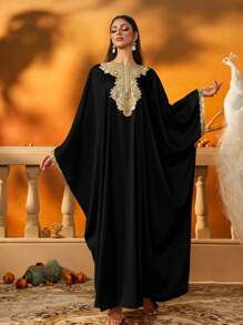 AmazingHoney Elegant Cream Kaftan Dress With Gold Embroidery Details, Batwing Sleeves, Party Abaya,Kaftan Dress ,Abaya Dress (Oversized Fit– Please Check Size Chart) - Black - View 4