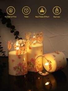 3 件/套樱花蜡烛灯带定时器遥控器，闪烁无焰蜡烛，带粉色樱花 LED 电池供电真蜡，3 件逼真灯芯柱状蜡烛带温暖火焰，适用于家庭、卧室、婚礼、订婚、圣诞节、万圣节、公司聚会