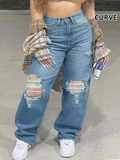 Pantalones vaqueros elásticos de cintura alta, sueltos y rotos, informales y casuales, de talla grande para mujeres, de caliente en comercio transfronterizo