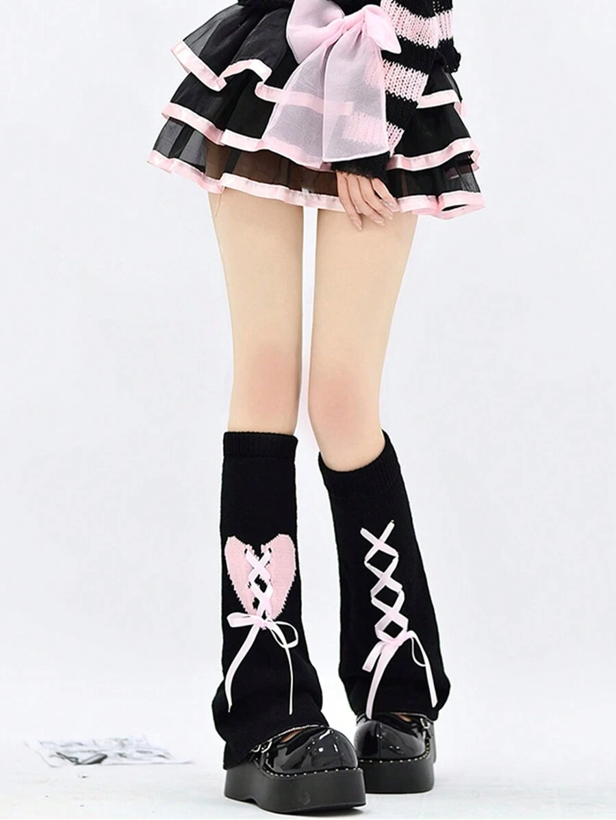1 pieza Conjunto de piernas anchas de estilo Lolita para mujer, calentadores de piernas con diseño de corazón de cinta de estilo Y2K lindos y dulces, diseño de puños de encaje