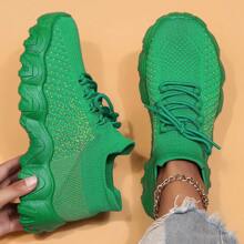 Women's Simple Plain Lace-Up Low Top Sock Sneakers, Summer 2024 Casual Comfortable Breathable Lightweight Sports Running Shoes - màu xanh lá - Xem 2