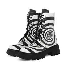 Driceic Women's Black White Combat Boot Black White Zebra Platform Ankle Adjustable Lace-Up Vamp Inside Zipper Fashion Party Boots - 白色 - 查看 1