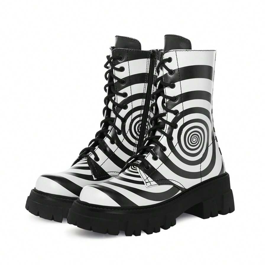 Driceic Women's Black White Combat Boot Black White Zebra Platform Ankle Adjustable Lace-Up Vamp Inside Zipper Fashion Party Boots - 白色 - 查看 1