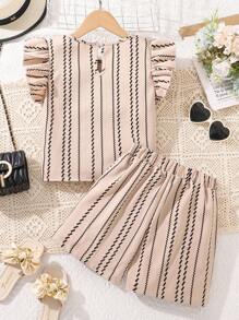 Tween Girls Casual Cute Cap Sleeve Striped Top And Shorts Set, Summer