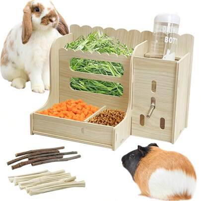Comedero para conejos, comedero para cobayas, comedero de heno con bebedero, estantería de heno y separador de comida, comedero de madera para hámsters