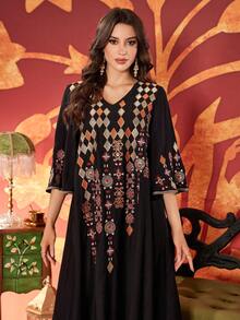 Women V-Neck Embroidery Elegant Everyday Arabic Style Dress