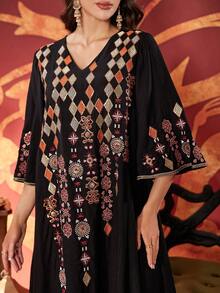 Women V-Neck Embroidery Elegant Everyday Arabic Style Dress