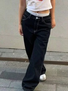 Y2K Streetwear Wide Leg Jeans Slant Pockets Wash Denim Pants Cozy High Quality Daily Casual Outdoor Back To School Fall For Women - 黑色 - 查看 4