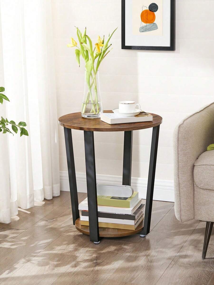 VASAGLE Side Table Round Table With Steel Frame For Living Room Bedroom Easy Assembly Industrial Rustic Brown And Black - Brown - View 1
