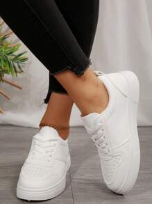 Nuevos tenis casuales blancos de mujer con cordones y puntera redonda, adecuados para estudiantes, uso al aire libre y caminar diario, para primavera/otoño